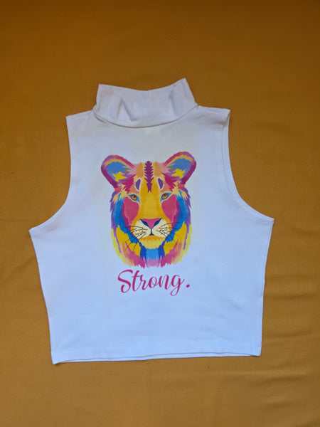 Alani Luxury "Lion Strong" Women's High Neck Crop Top- White