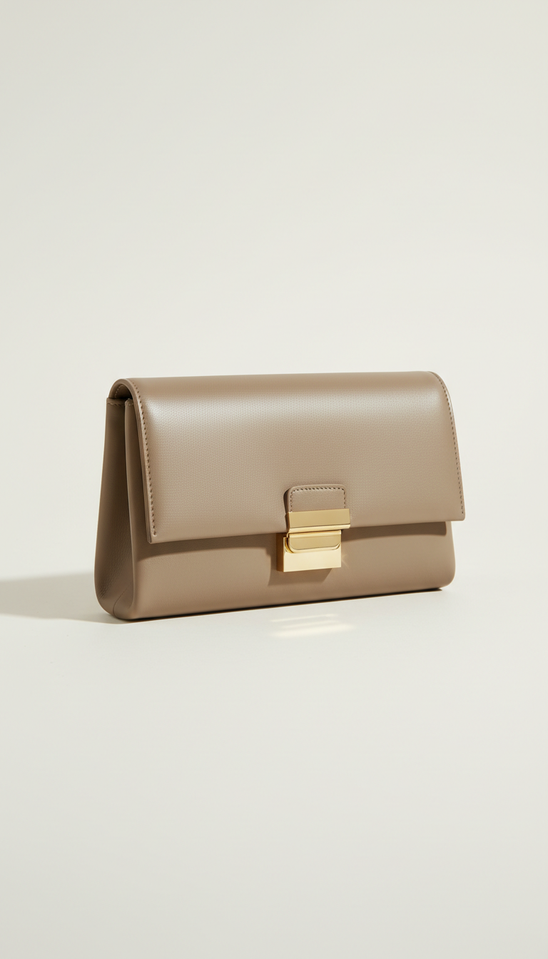 Taupe Stone Leather Clutch with Metallic Gold Clasp